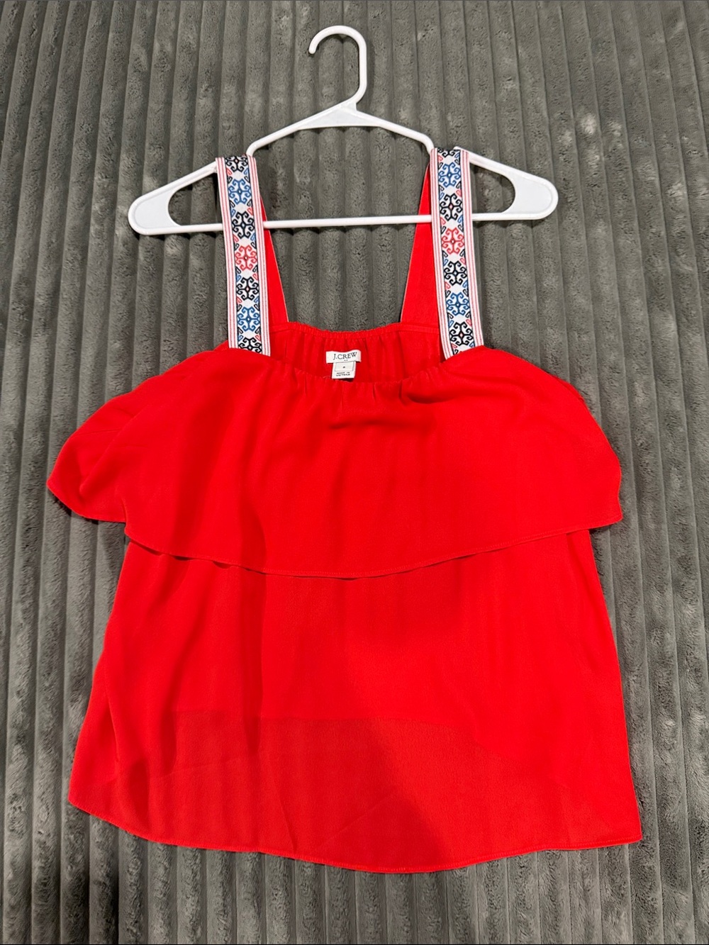 J. Crew Bright Red Ruffle Camisole with Patterned Straps